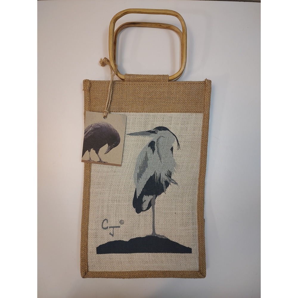 CJ Art Still-Life Jute Burlap 2 Sided Blue Heron Wooden Handle Bag Wine Tote